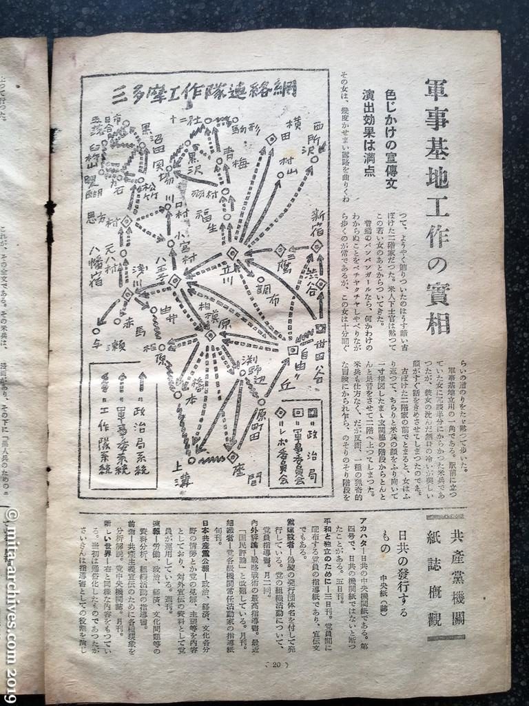 全貌　p20　昭和27年（1952）12月 東京近郊共産拠点の全貌 軍事基地工作の実相 色じかけの宣伝文　演出効果は満点 共産党機関紙誌概観
