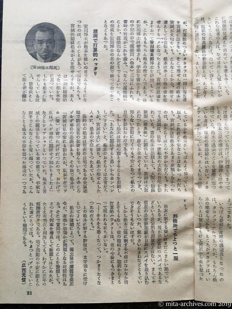 日本週報　p31　昭和28年（1953）6月25日　松本三益は公安当局のスパイか？　日共の地下組織動揺す（広西元信）　臆病で打算的ハッタリ　刑務所でちょっと一服