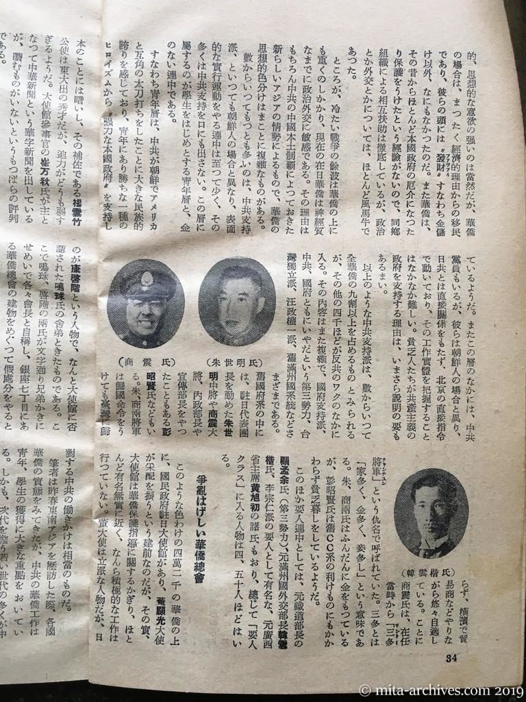日本週報　p34　昭和28年（1953）6月25日　中共を支持する在日華僑　西村忠郎・読売新聞東亜部次長　争乱激しい華僑総会