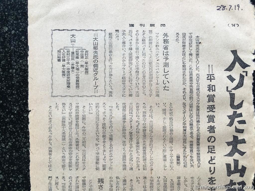 週刊読売1953　p14　昭和28年（1953）7月19日　入「ソ」した大山郁夫　平和賞受賞の足どりを追う　外務省は予測していた　残された最後のチャンス