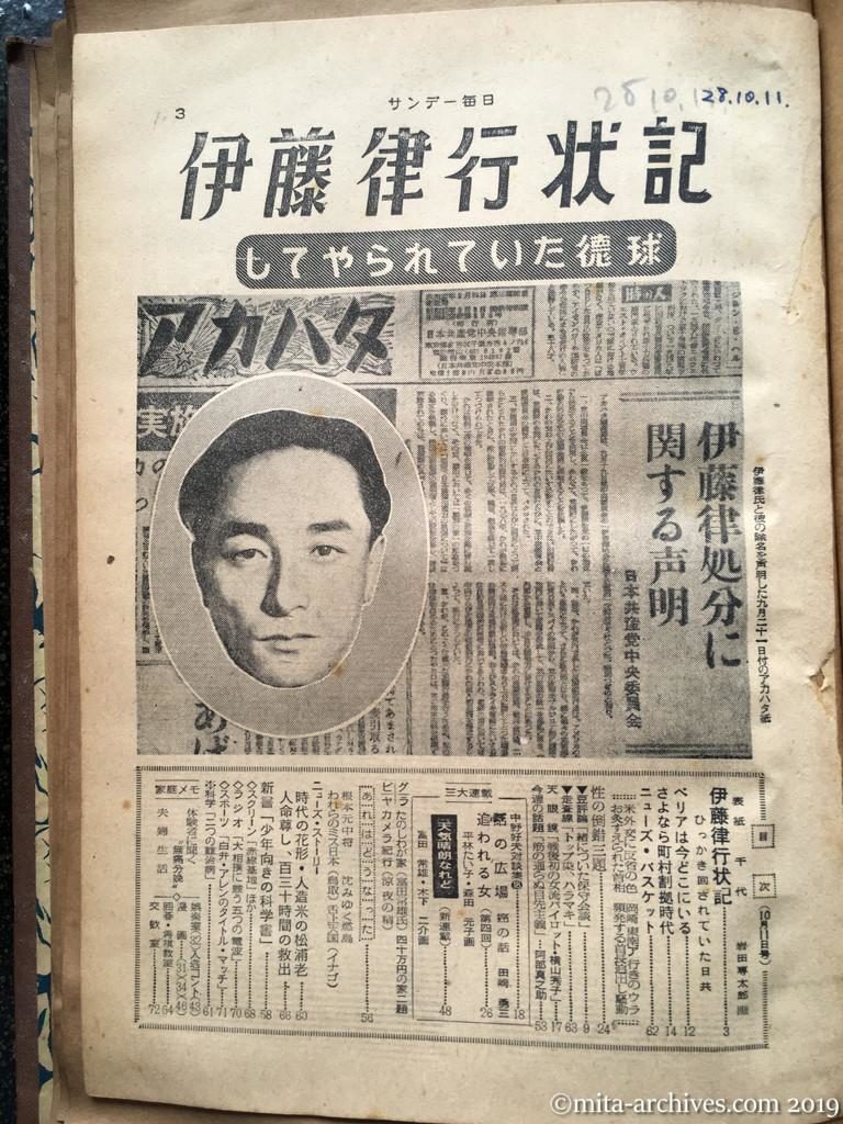 サンデー毎日1953　p3　昭和28年（1953）10月11日　伊藤律行状記　してやられていた徳球