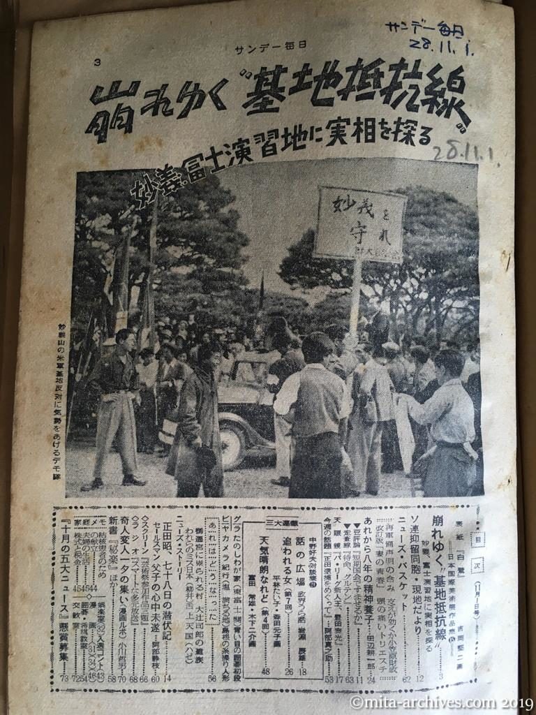 サンデー毎日　p3　昭和28年（1953）11月1日　崩れ行く〝基地抵抗線〟　妙義・富士演習地に実相を探る