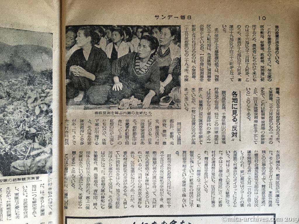 サンデー毎日　p10　昭和28年（1953）11月1日　崩れ行く〝基地抵抗線〟　妙義・富士演習地に実相を探る　新顔の保安隊基地　各地に見る〝反対〟