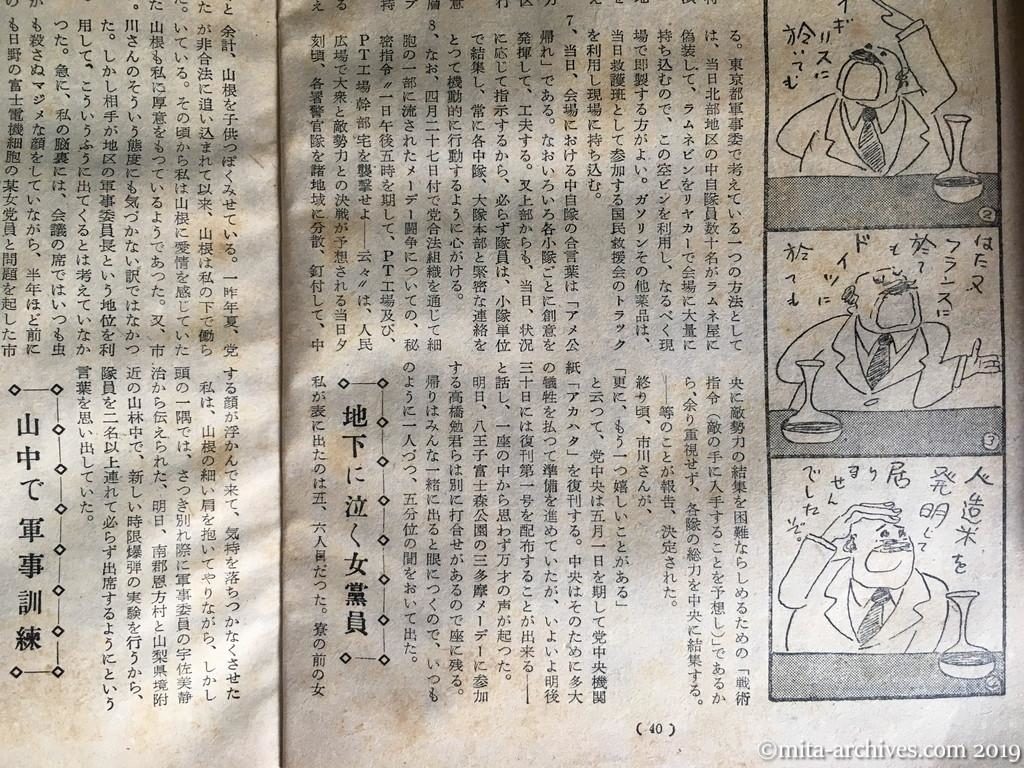 全貌　p40　昭和28年（1953）11月　最後の抵抗　中核自衛隊員の手記　阿久津直義　メーデー当日の行動指令を決定　地下に泣く女党員