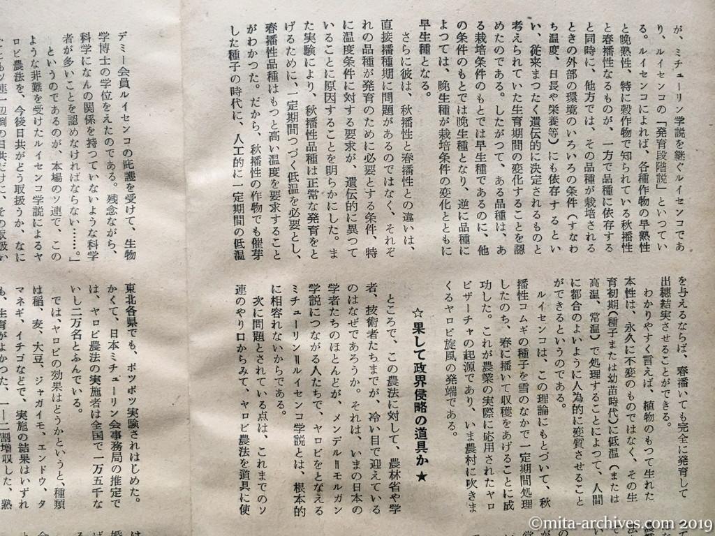 日本週報　p22　昭和29年（1954）5月15日　決戦段階に入った左右両翼の農法　ヤロビ農法—右翼農法—観音農法　村岸淑生　果して政界侵略の道具か