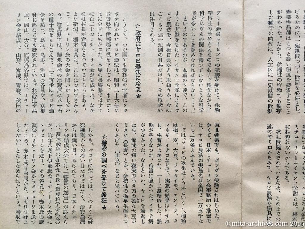 日本週報　p23　昭和29年（1954）5月15日　決戦段階に入った左右両翼の農法　ヤロビ農法—右翼農法—観音農法　村岸淑生　政府はヤロビ農法に冷淡　警察の調べを受けて発狂