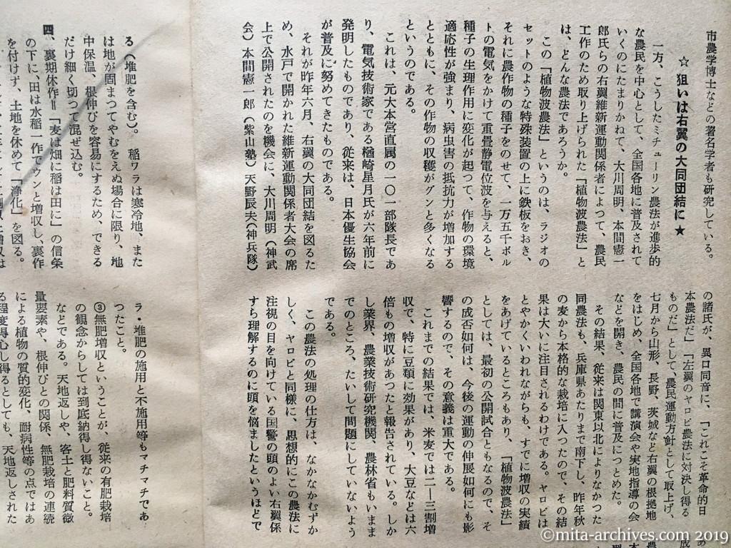 日本週報　p24　昭和29年（1954）5月15日　決戦段階に入った左右両翼の農法　ヤロビ農法—右翼農法—観音農法　村岸淑生　狙いは右翼の大同団結に　ありがたすぎる観音農法