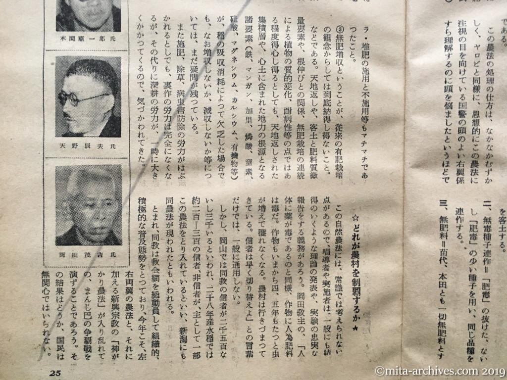 日本週報　p25　昭和29年（1954）5月15日　決戦段階に入った左右両翼の農法　ヤロビ農法—右翼農法—観音農法　村岸淑生　どれが農村を制覇するか
