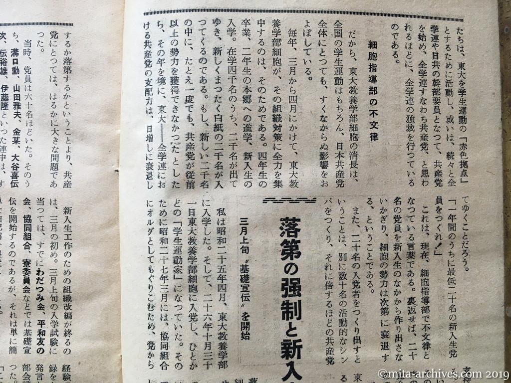日本週報　p20　昭和29年（1954）5月25日　東大の新入生は狙われている　山崎史朗　共産党員の製造工場　細胞指導部の不文律　落第の強制と新入生への一斉射撃　三月上旬基礎宣伝を開始
