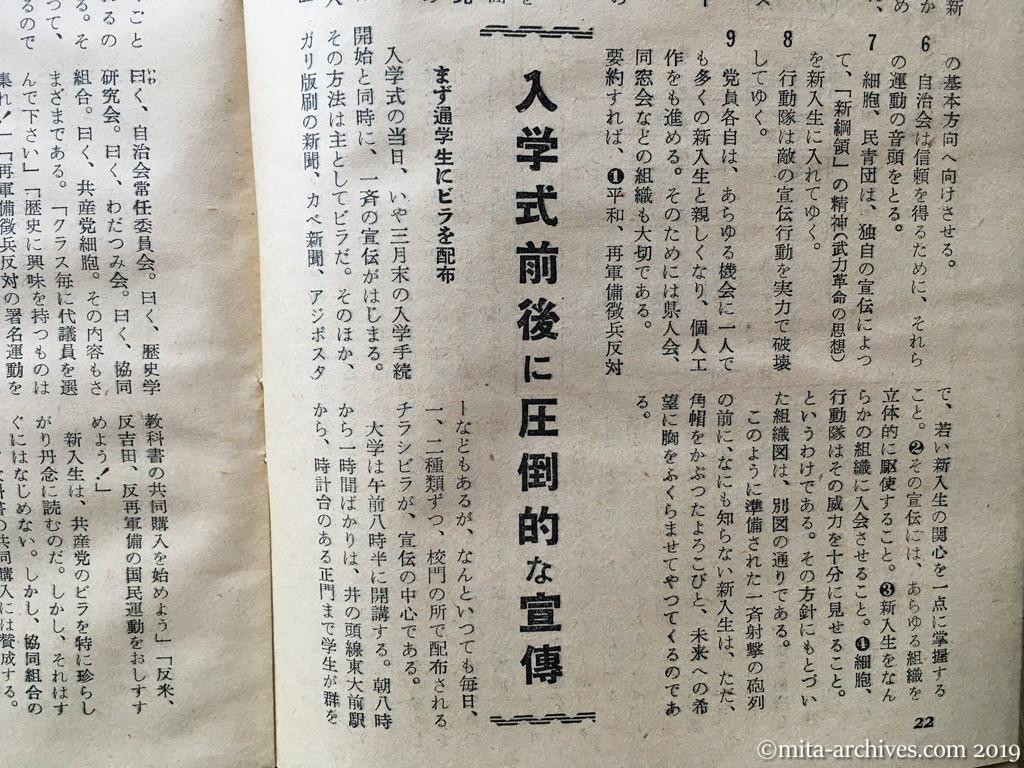 日本週報　p22　昭和29年（1954）5月25日　東大の新入生は狙われている　山崎史朗　基本政策と戦術　入学式前後に圧倒的な宣伝　まず通学生にビラを配布