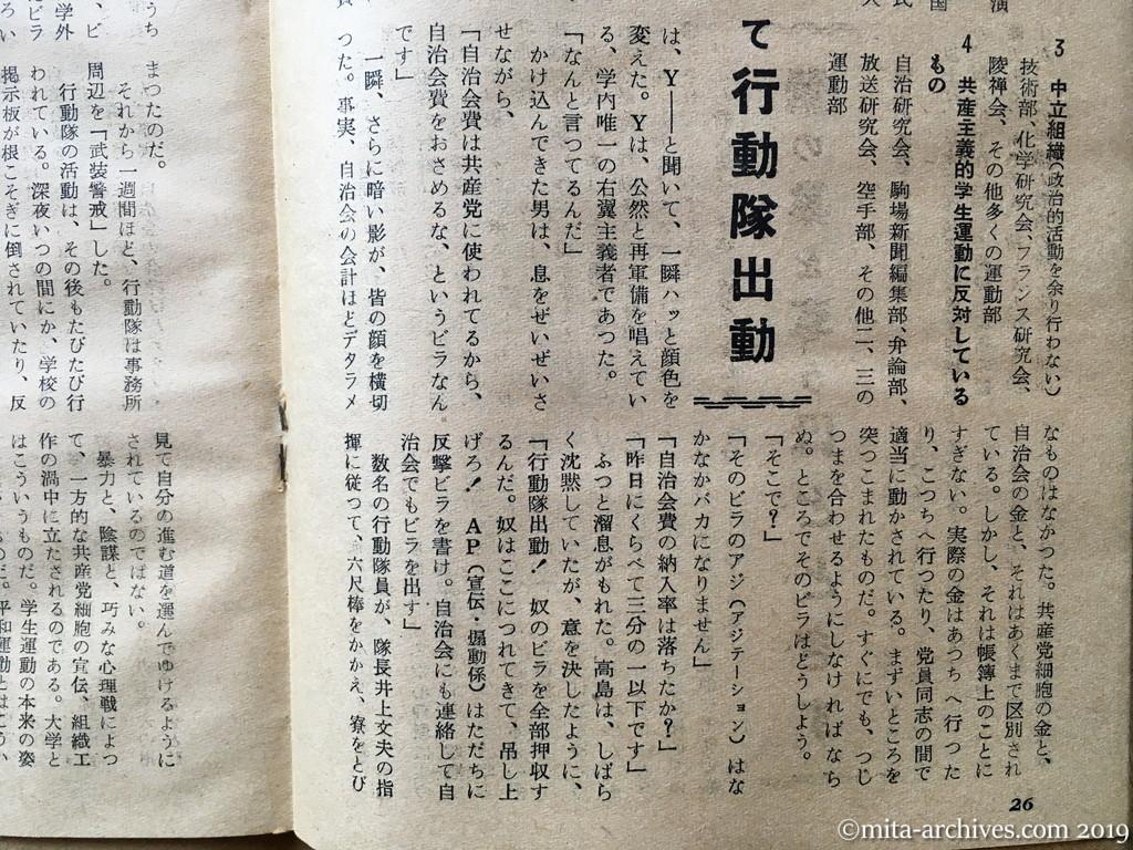 日本週報　p26　昭和29年（1954）5月25日　東大の新入生は狙われている　山崎史朗　六尺棒をもって行動隊出動　デタラメな自治会の会計