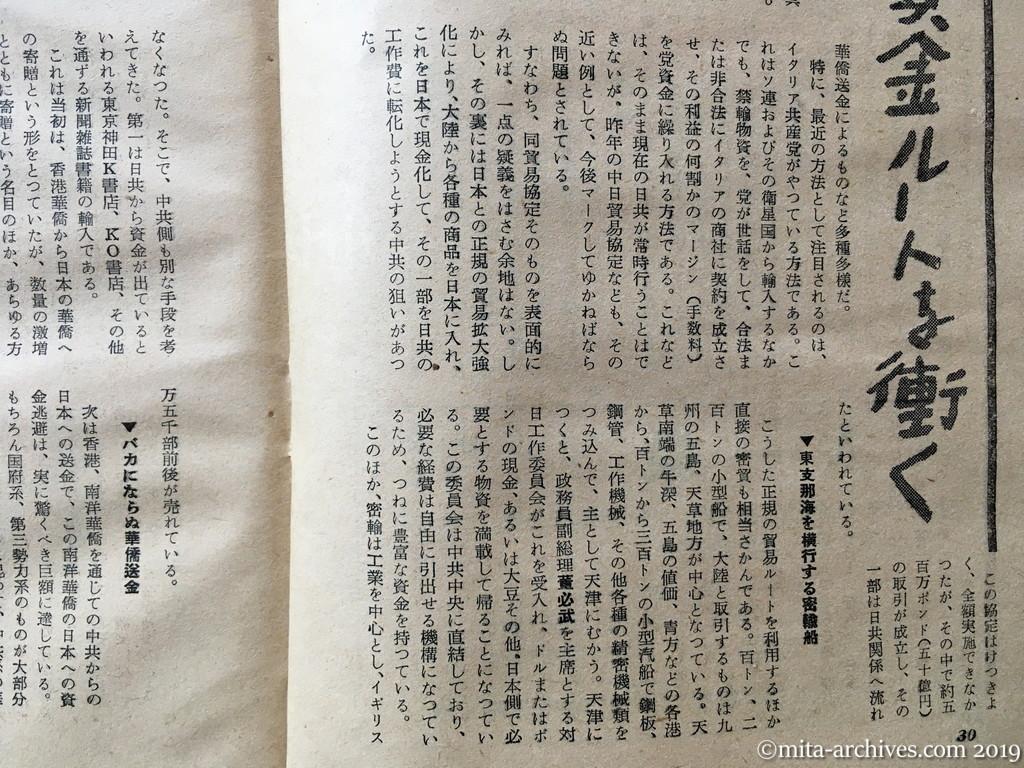 日本週報　p30　昭和29年（1954）5月25日　日共の資金ルートを衝く　党資金入手のあの手この手　東支那海を横行する密輸船