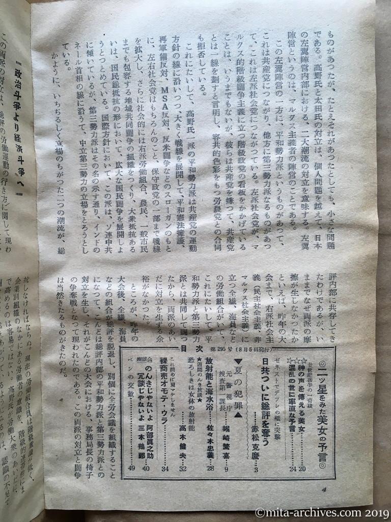 日本週報　p4　昭和29年（1954）8月5日　日共ついに総評を奪う　赤松克麿　平和勢力（高野）と第三勢力（太田）の争い