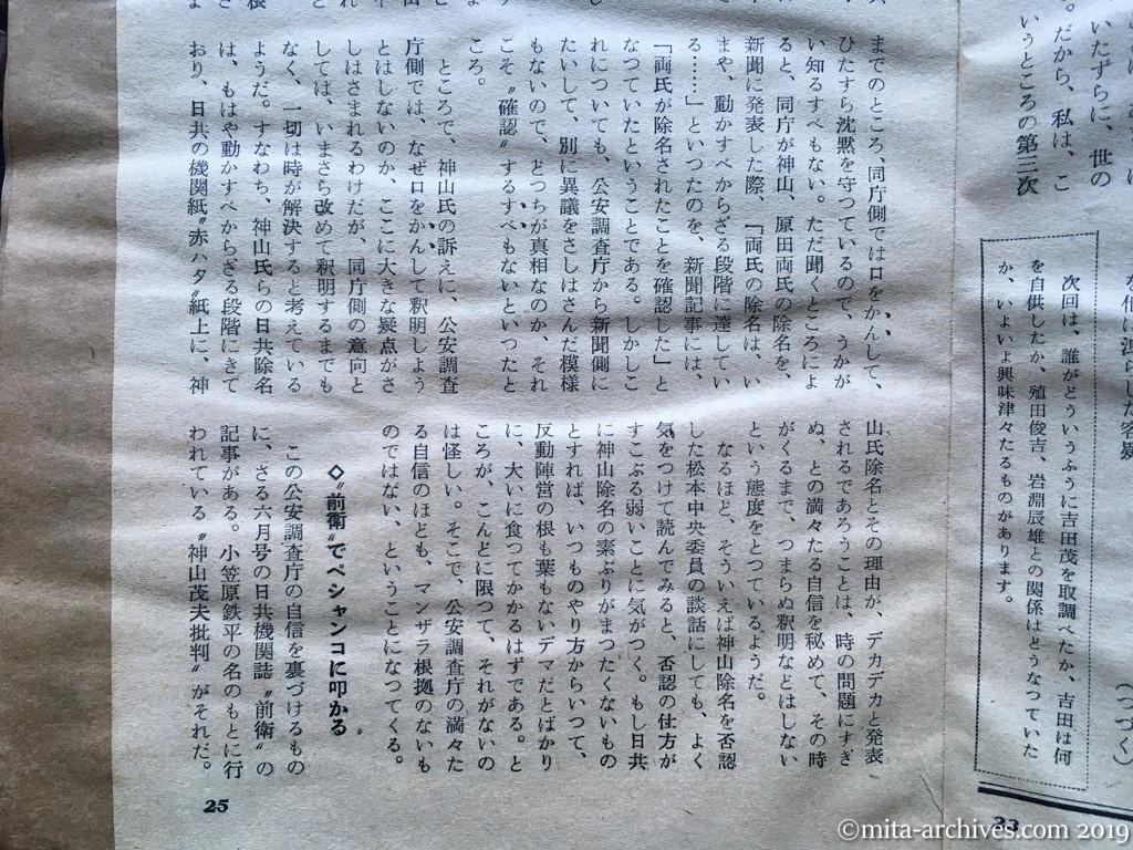 日本週報　p25　昭和29年（1954）9月25日　日共の粛清と神山氏の追放　流言飛語か捏造記事か　前衛でペシャンコに叩かれる