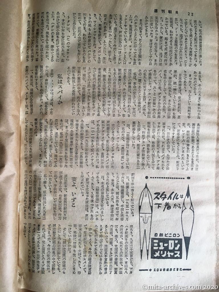 週刊朝日1954　p22　昭和29年（1954）11月7日　共産党のリンチはほんとうだ！　アカハタ売り細胞員の手記　真田守男　夢中で逃亡　私はスパイか　妻よ、いずこ
