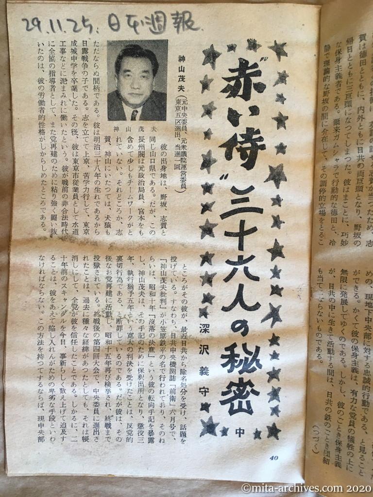 日本週報　p40　昭和29年（1954）11月25日　赤い侍三十六人の秘密　中　深沢義守　神山茂夫
