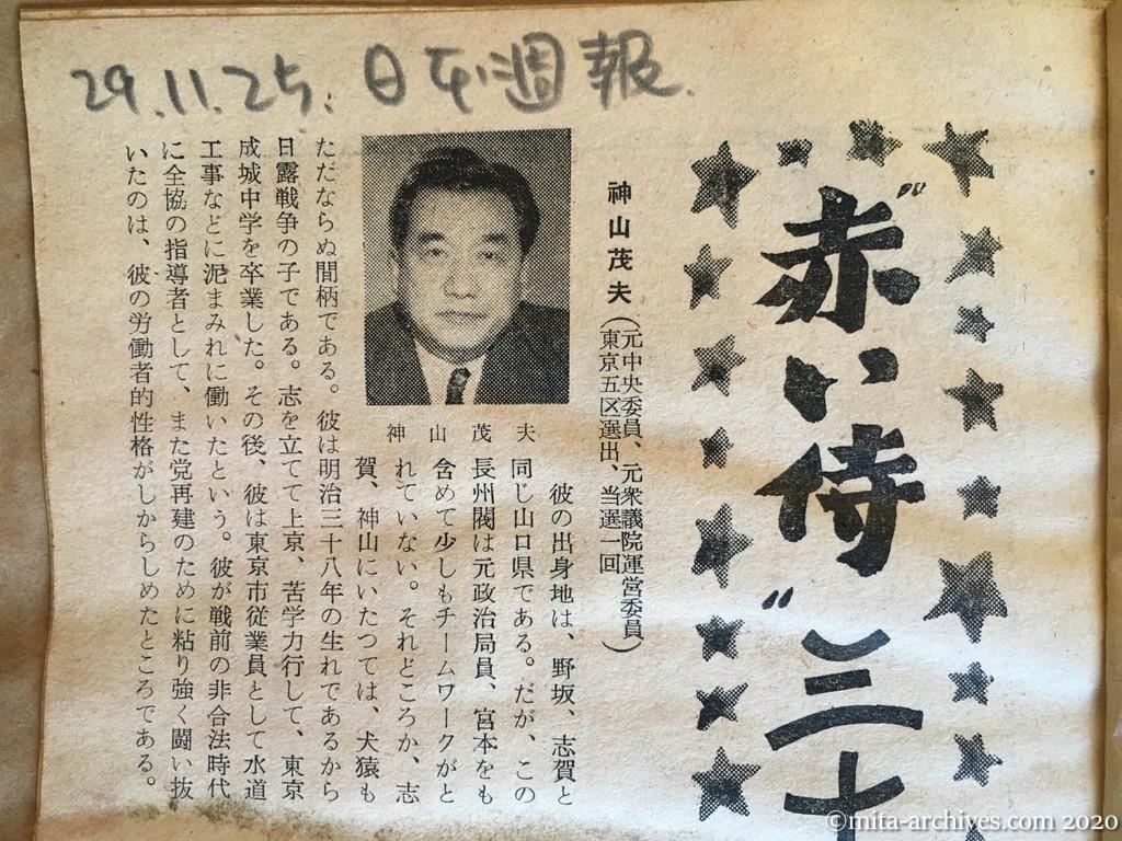日本週報　p40　昭和29年（1954）11月25日　赤い侍三十六人の秘密　中　深沢義守　神山茂夫
