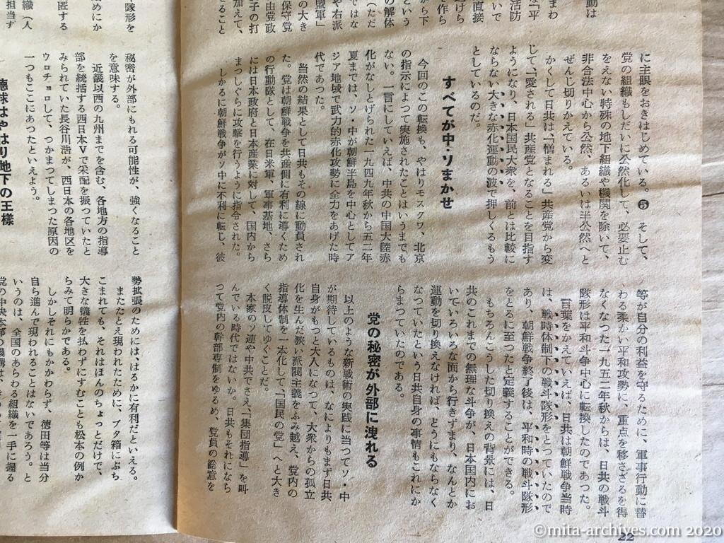 日本週報　p22　昭和30年（1955）5月15日　出そうで出ない徳田球一　佐野博　愛される共産党へ切りかえ　すべてが中・ソまかせ　党の秘密が外部に洩れる