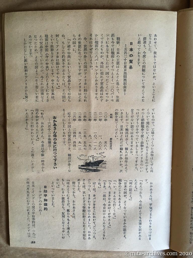 日本週報1954　p23　昭和29年（1954）4月5日　山口県教組で作った「日記」　日本の貿易　おかあさん母の会に行って下さい　日印平和条約