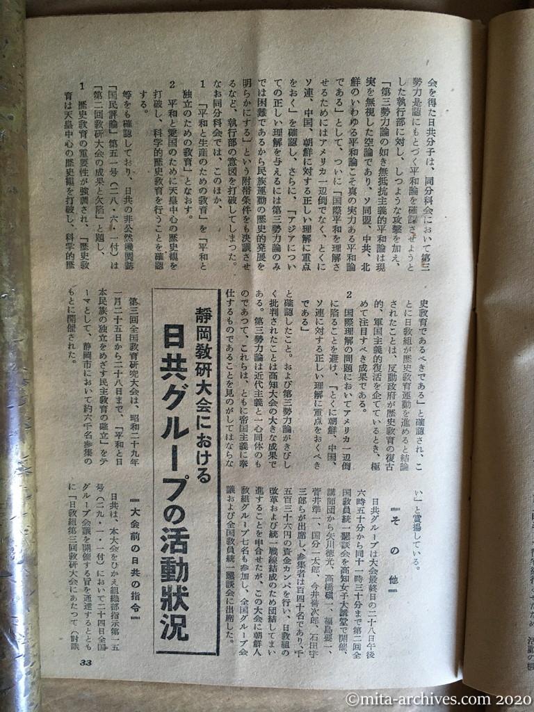 日本週報1954　p33　昭和29年（1954）4月5日　静岡教研大会における　日共グループの活動状況　大会前の日共の指令