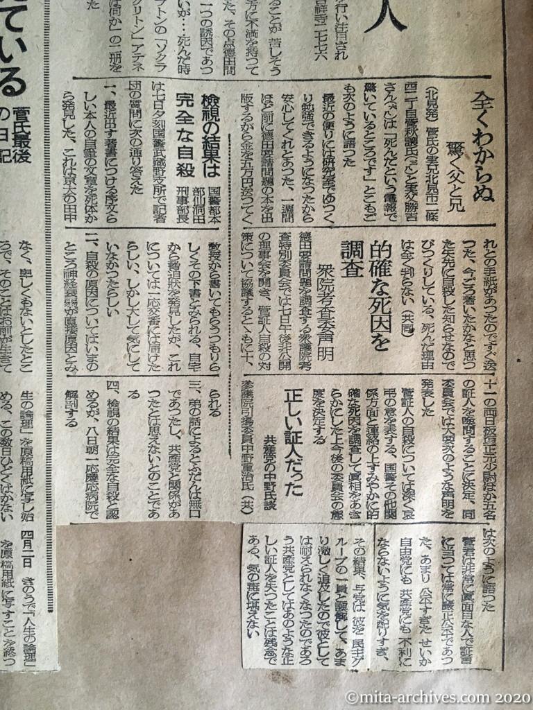 日本経済新聞　昭和25年（1950）4月8日　菅通訳飛込み自殺　徳田問題の重要証人　徳田問題が誘因か　私は蔭で震えている