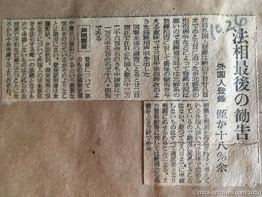 昭和27年（1952）10月24日　読売新聞　法相最後の勧告　外国人登録　僅か十八％余