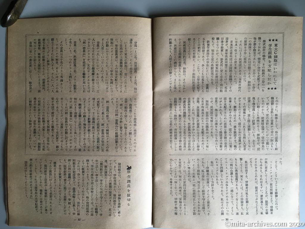 日本週報　別冊読物　わたしは白い墓標を見た　p36-p37　昭和29年（1954）6月10日発行　東大教養学部細胞の告白　ベリヤ粛清の余波ひろがる　吊し上げの前夜