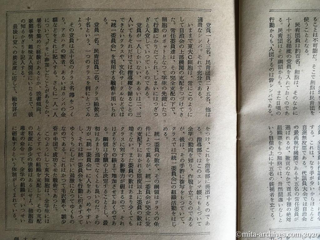 日本週報　別冊読物　わたしは白い墓標を見た　p37　昭和29年（1954）6月10日発行　東大教養学部細胞の告白　カコミ・東大C細胞はいかにして学生組織を支配したか