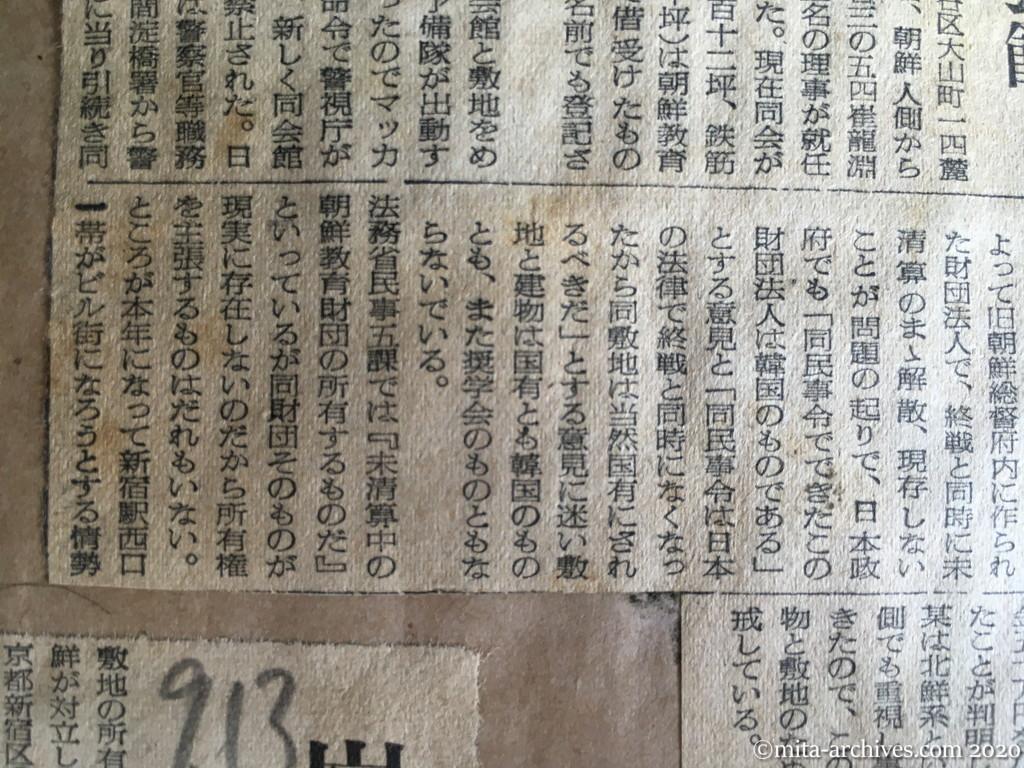 昭和28年（1953）9月6日　読売新聞　ひそかに敷地切売り　紛争再発か　警視庁管理の朝鮮奨学会館