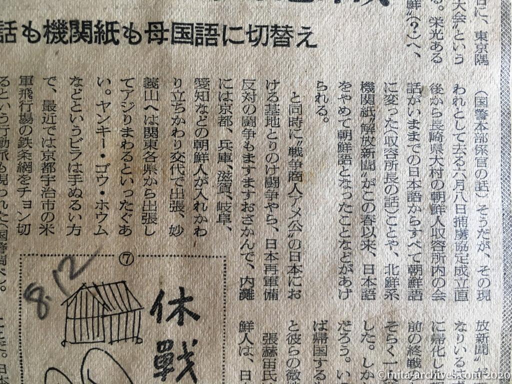 昭和28年（1953）8月12日　読売新聞　休戦以後⑦在日朝鮮人　たかぶる祖国意識　会話も機関紙も母国語に切替え　写真は大阪市生野区猪飼野町西の朝鮮人部落