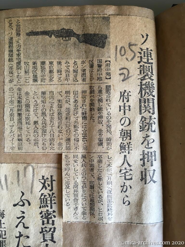昭和28年（1953）10月5日　読売新聞　ソ連製機関銃を押収　府中の朝鮮人宅から