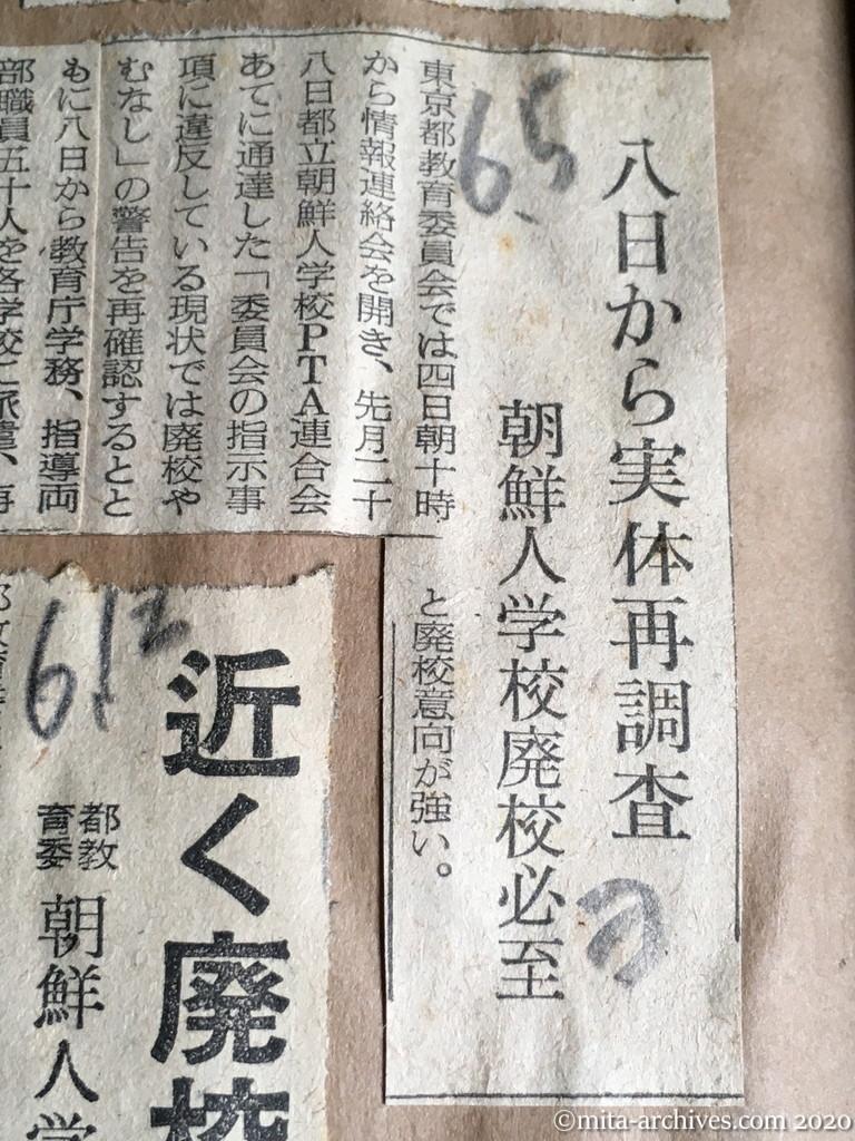 昭和29年（1954）6月5日　読売新聞　八日から実体再調査　朝鮮人学校廃校必至