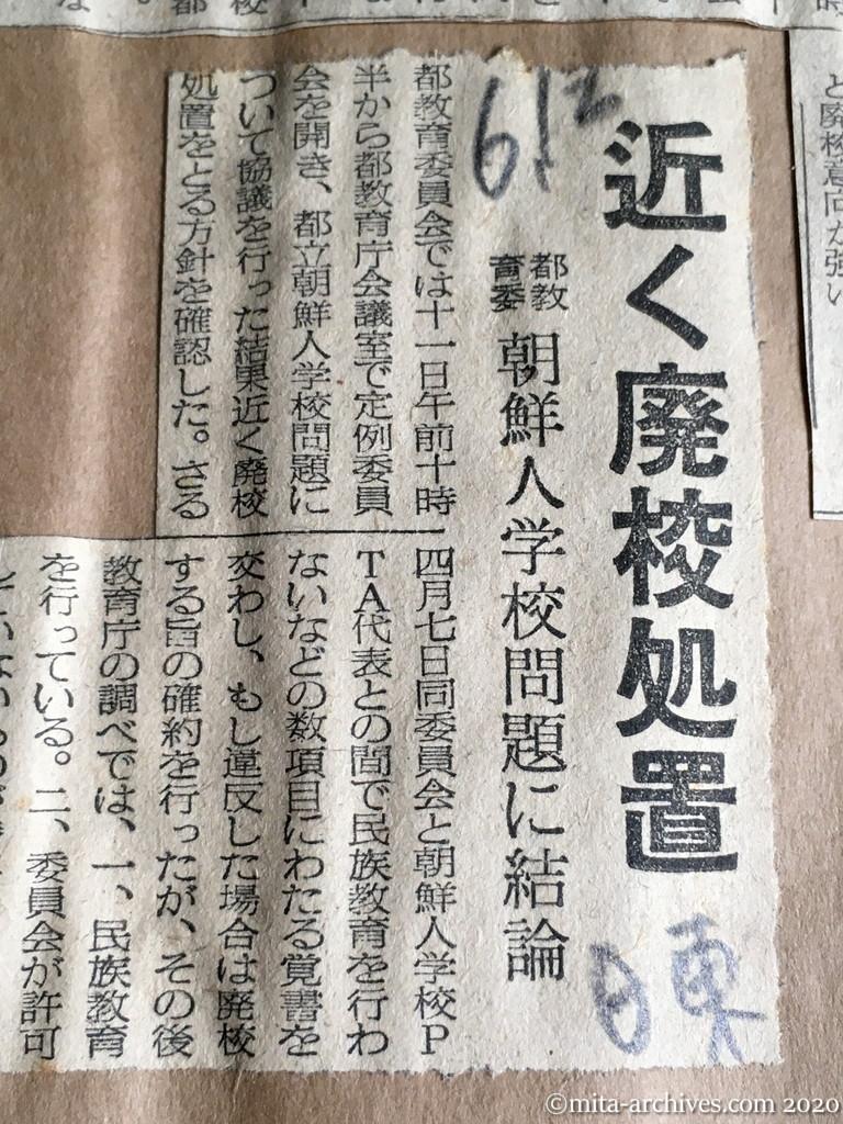 昭和29年（1954）6月12日　日東新聞　近く廃校処置　都教育委　朝鮮人学校問題に結論