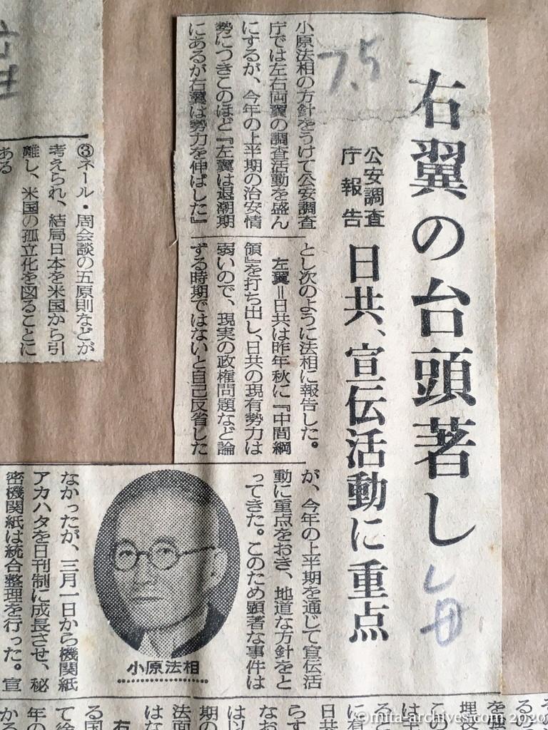 昭和29年（1954）7月5日　毎日新聞　右翼の台頭著し　公安調査庁報告　日共、宣伝活動に重点