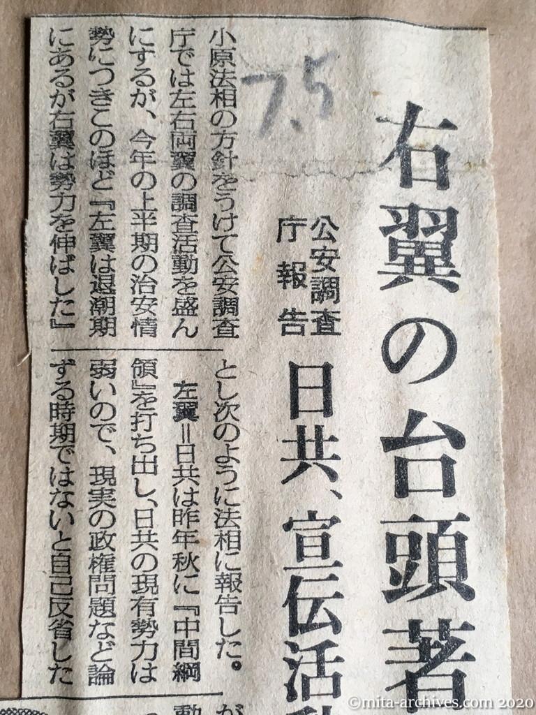 昭和29年（1954）7月5日　毎日新聞　右翼の台頭著し　公安調査庁報告　日共、宣伝活動に重点