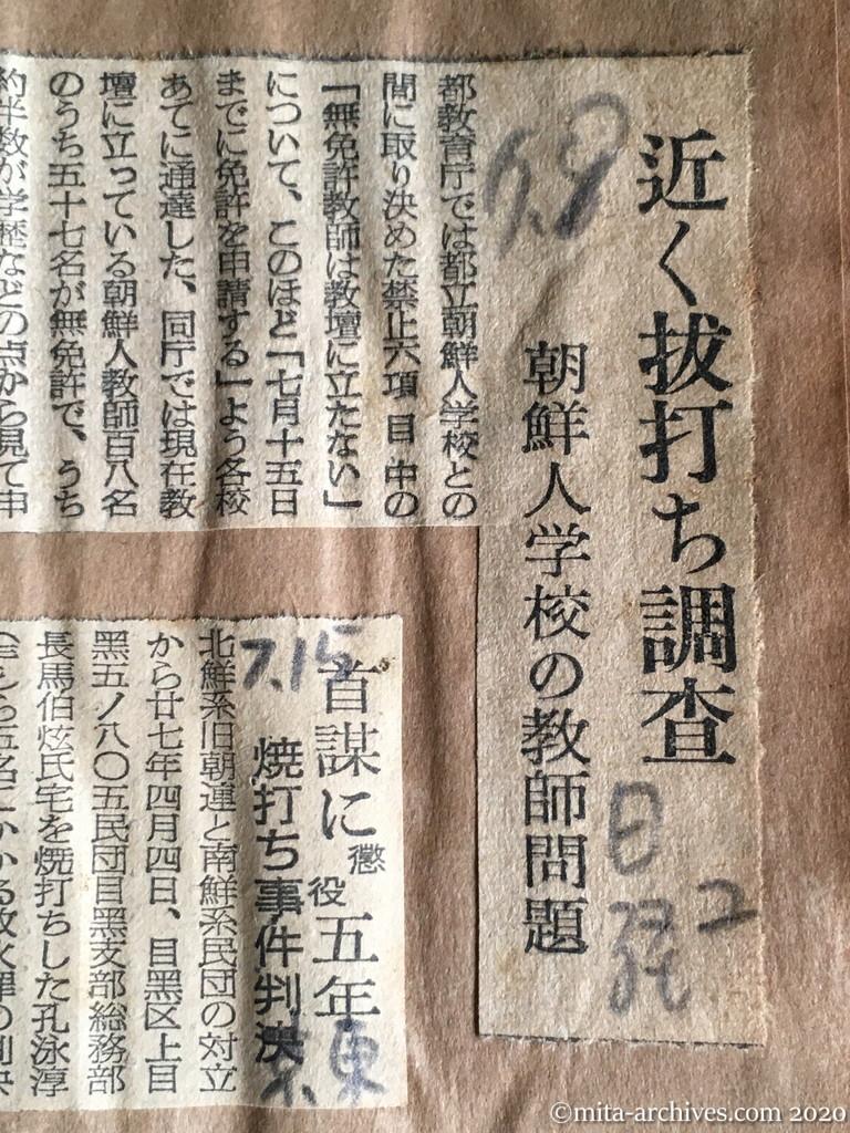 昭和29年（1954）7月8日　日経新聞　近く抜打ち調査　朝鮮人学校の教師問題