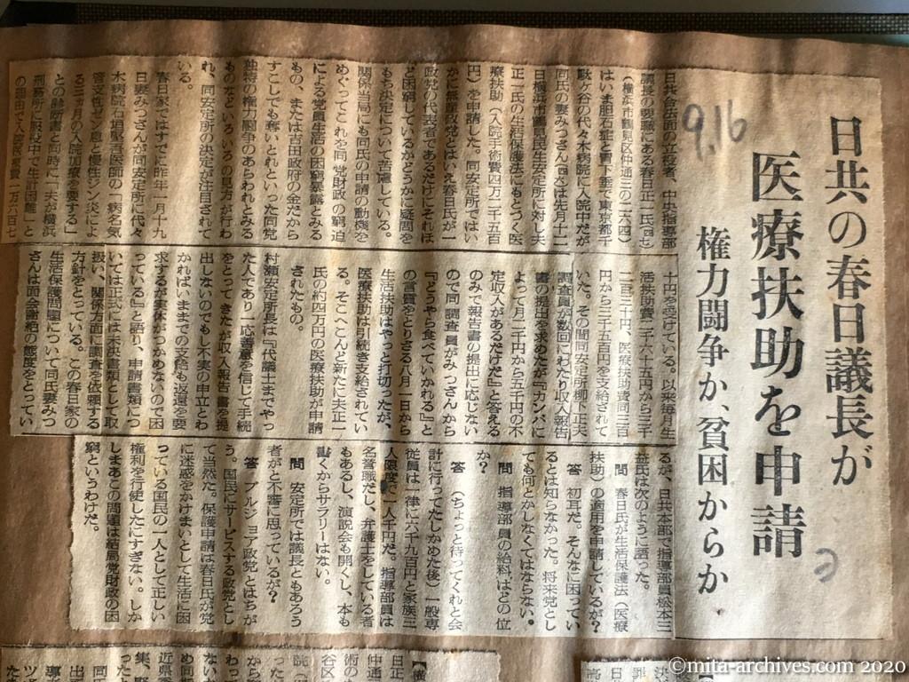 昭和29年（1954）9月16日　読売新聞　日共の春日議長が医療扶助を申請　権力闘争か、貧困からか