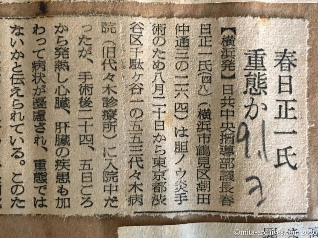 昭和29年（1954）9月1日　読売新聞　春日正一氏重態か
