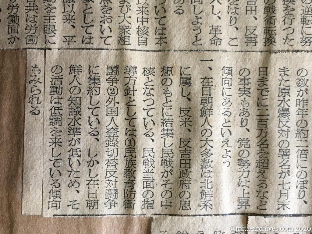 昭和29年（1954）10月4日　東京新聞　日共勢力は漸次上昇　藤井長官説明　右翼、政党化へ向う