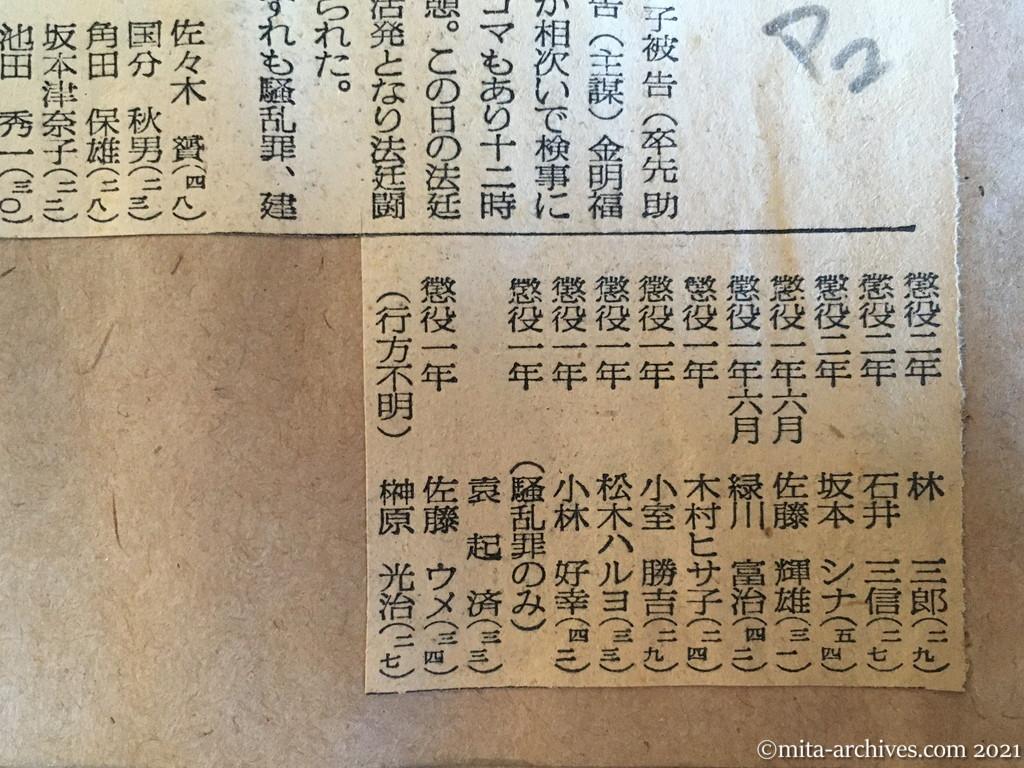 昭和29年（1954）10月13日　毎日新聞夕刊　十九被告に論告　平事件　第三日