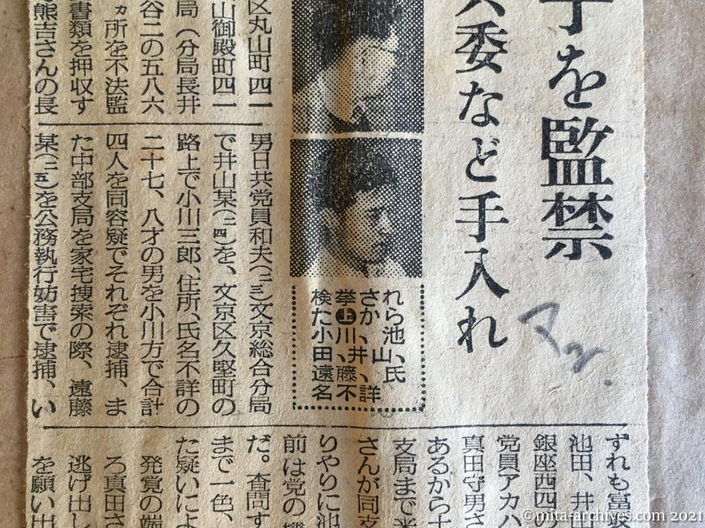 昭和29年（1954）10月13日　毎日新聞夕刊　アカハタ売子を監禁　五名検挙　日共委など手入れ