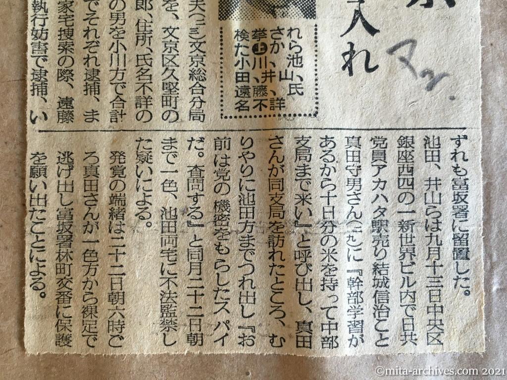 昭和29年（1954）10月13日　毎日新聞夕刊　アカハタ売子を監禁　五名検挙　日共委など手入れ