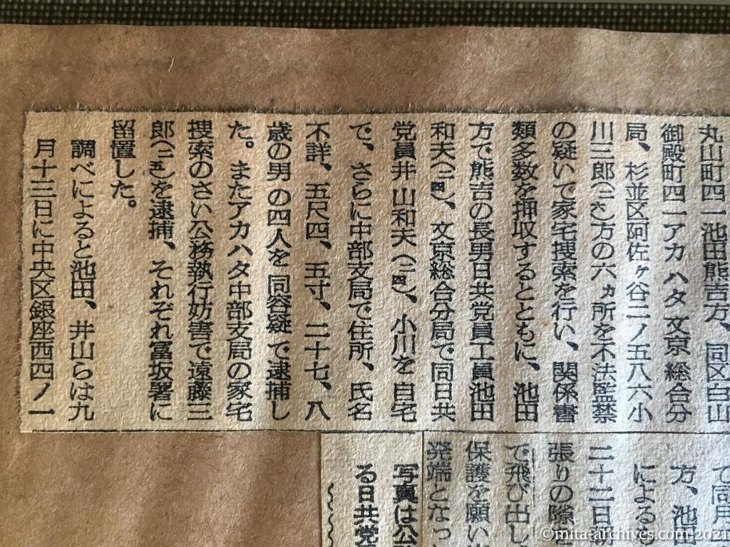 昭和29年（1954）10月13日　日本経済新聞夕刊　日共関係六カ所手入れ　不法監禁の疑いで　書類押収、五名を逮捕