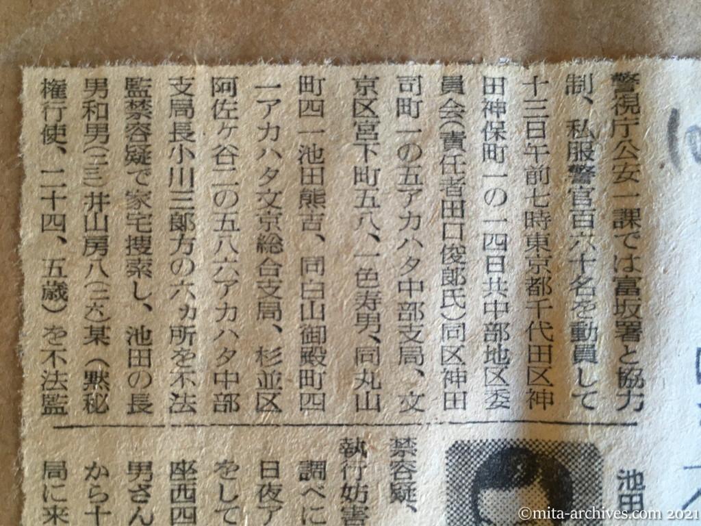 昭和29年（1954）10月13日　読売新聞夕刊　日共六カ所手入れ　けさ不法監禁の四名検挙