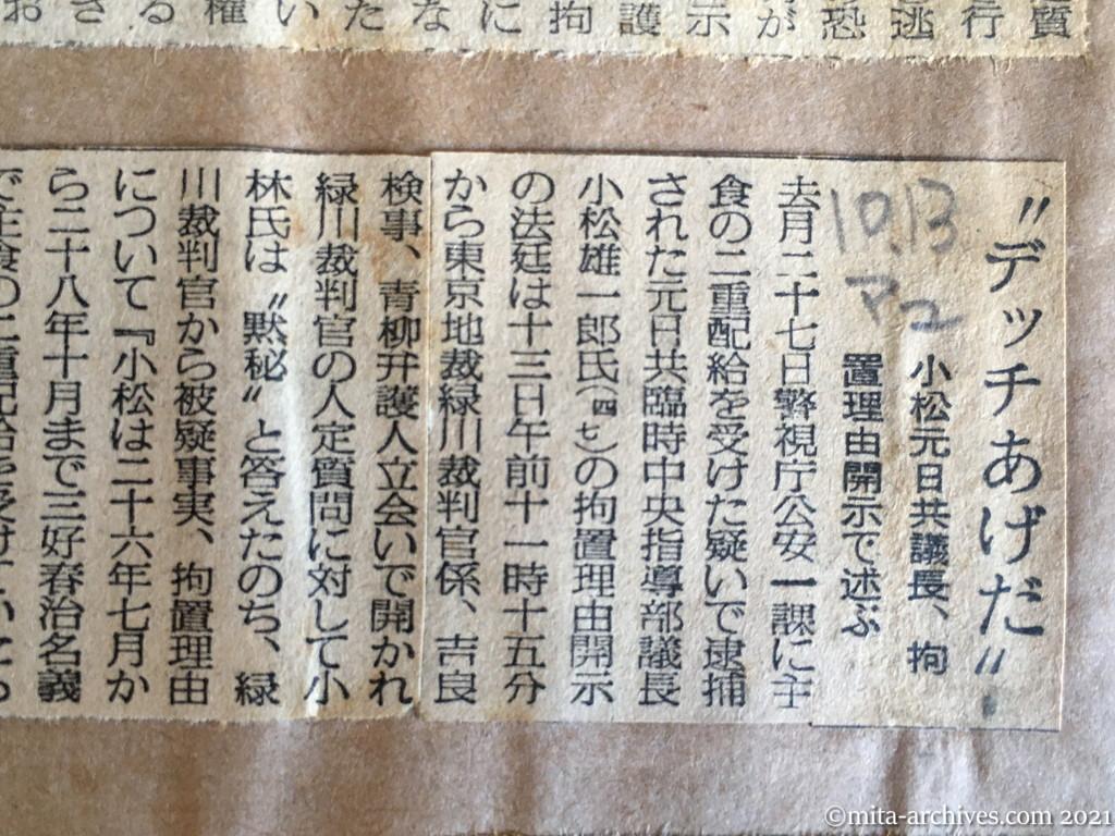 昭和29年（1954）10月13日　毎日新聞夕刊　〝デッチあげだ〟　小松元日共議長、拘置理由開示で述ぶ
