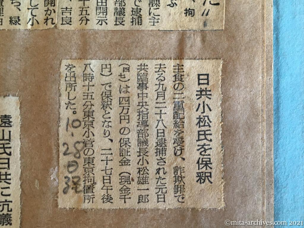 昭和29年（1954）10月28日　日本経済新聞　日共小松氏を保釈
