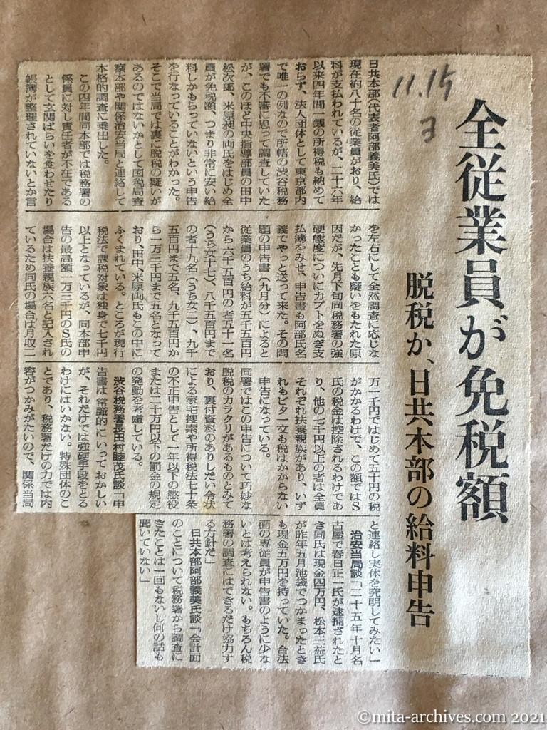 昭和29年（1954）11月15日　読売新聞　全従業員が免税額　脱税か、日共本部の給料申告