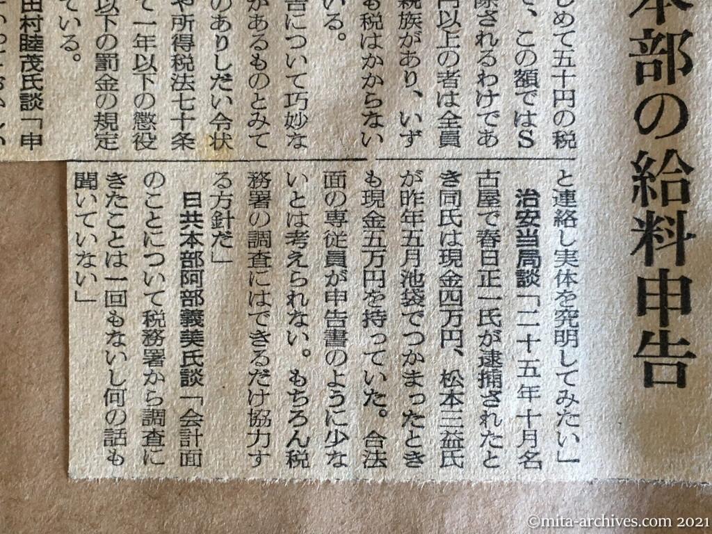昭和29年（1954）11月15日　読売新聞　全従業員が免税額　脱税か、日共本部の給料申告