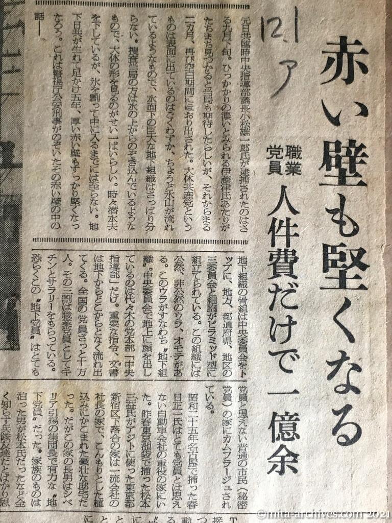 昭和29年（1954）12月1日　朝日新聞　大掛りな地下の日共　赤い壁も堅くなる　職業党員人件費だけで一億余　尾行、はり込みを継続