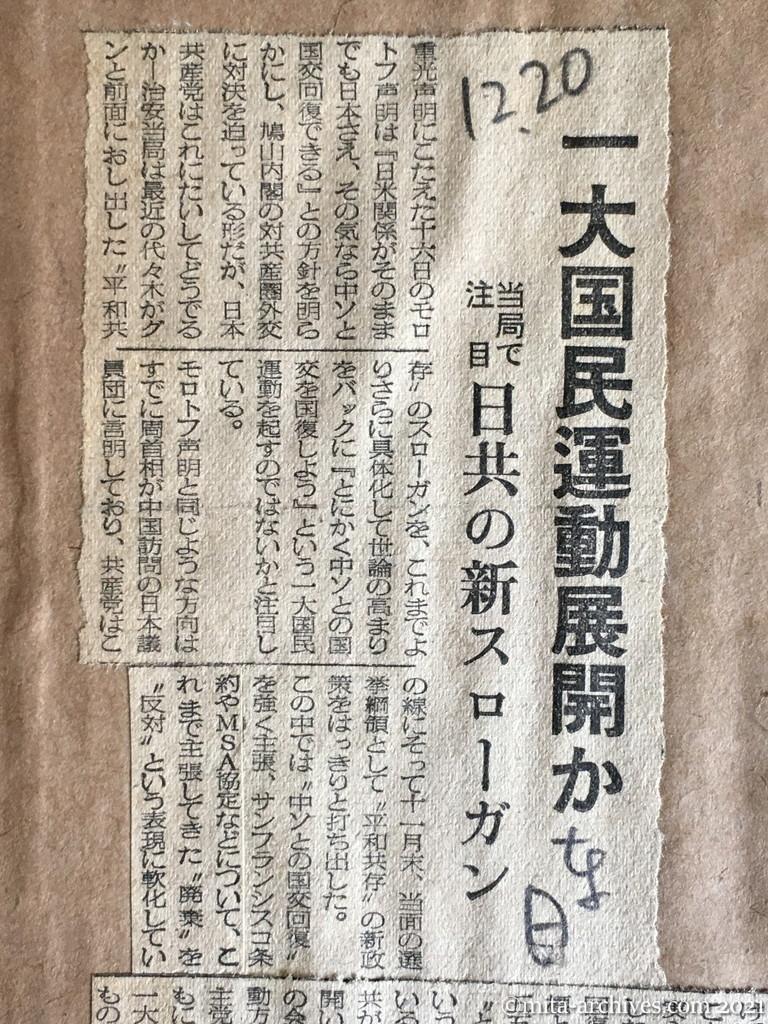 昭和29年（1954）12月20日　日東新聞　一大国民運動展開か　当局で注目　日共の新スローガン